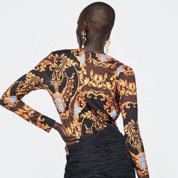 Zara Deep V Elegant Baroque Print Bodysuit - Picture 3 of 16